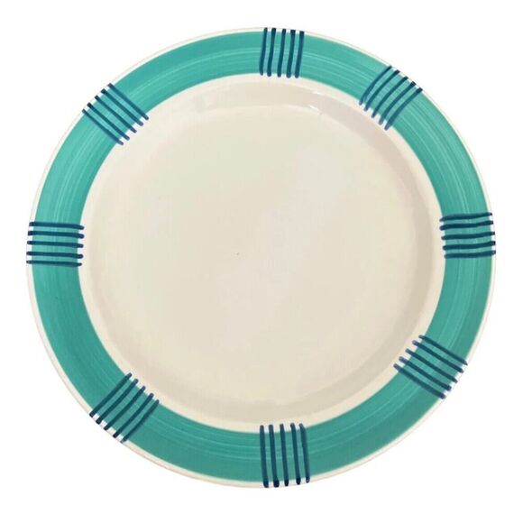 Pier 1 Dinner Plate Full Set X6 Green Band Blue Stripes Serveware Decor Dining - Picture 7 of 12